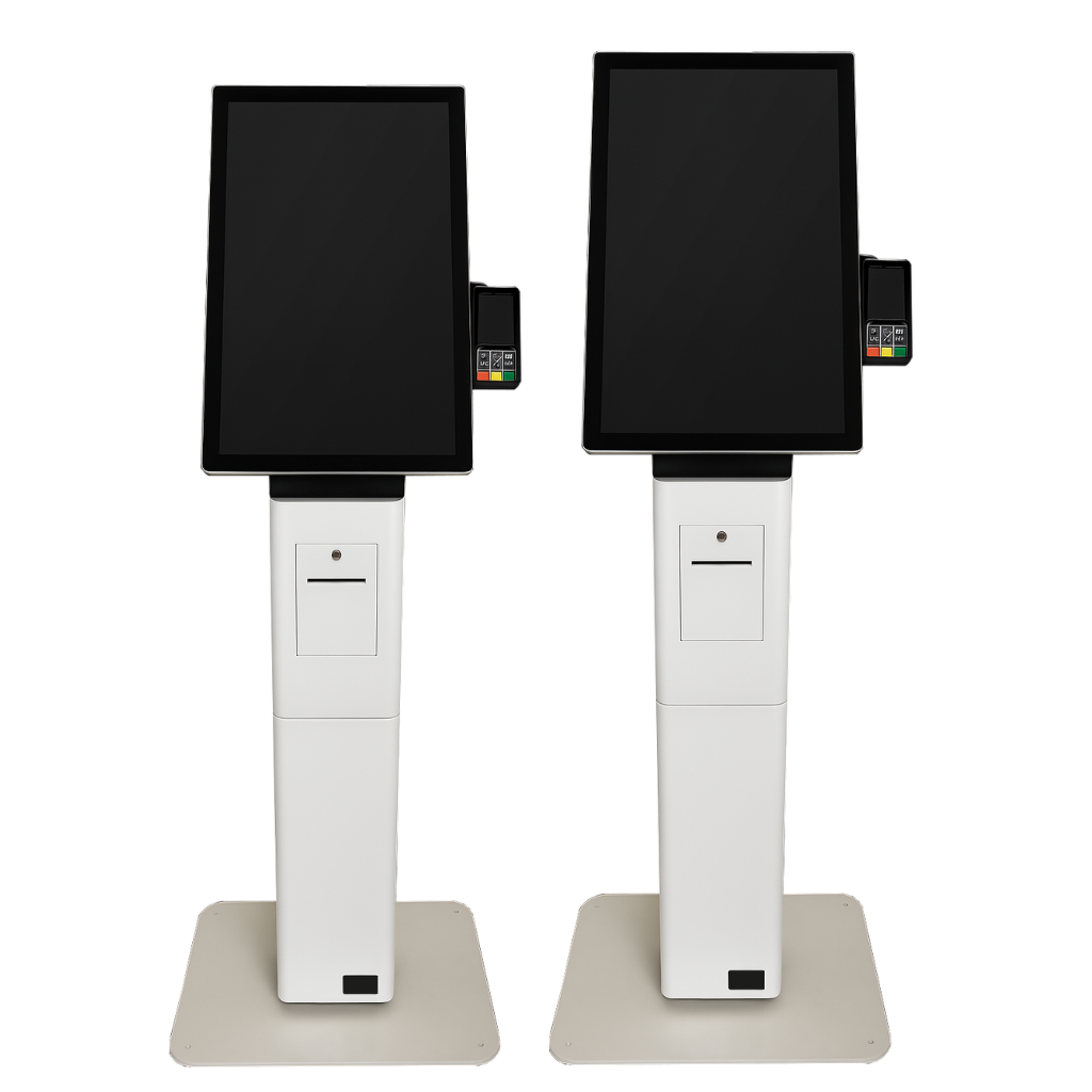 עמדות קיוסק בגדלים 27 ו 32 אינץ', סטנד מתכת איכותי עם מערכת הזמנות מובנית, מדפסת ואפליקציית ניהול.