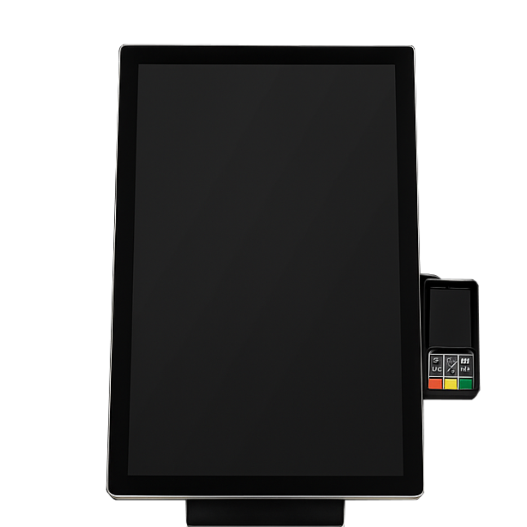 עמדת קיוסק דלפקית בעיצוב מודרני עם מתקן למסוף אשראיף כולל מסוף ותוכנת ניהול להזמנה עצמאית מהירה.